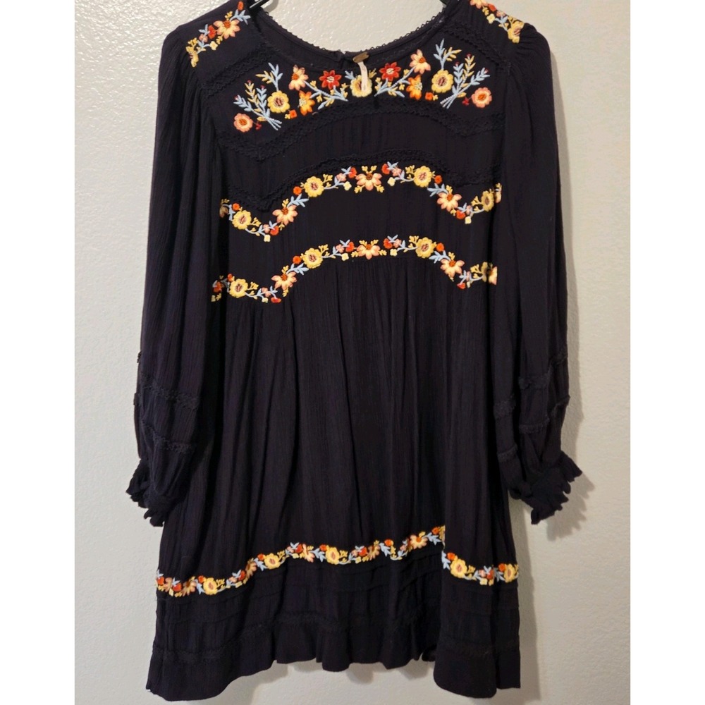 Free People Pasadena Floral Embroidered Long Sleeve Dress With Liner Black Small